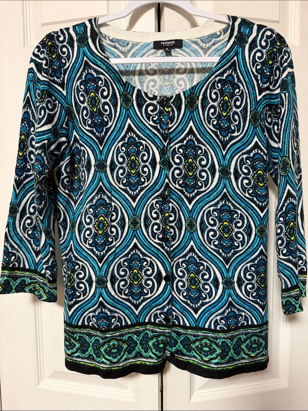 Premise Teal, Navy & White Geometric Button-Front Cardigan